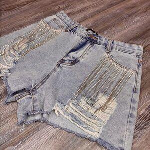 Blue B Womens Rhinestone Fringe Distressed Light Blue Jean Shorts Size S Small